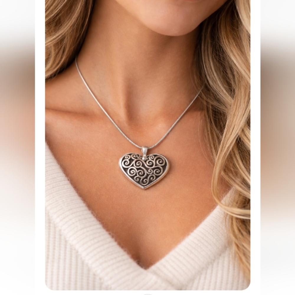 Brighton Silver Filigree Heart Pendant Necklace w/Snake Chain Romantic Statement